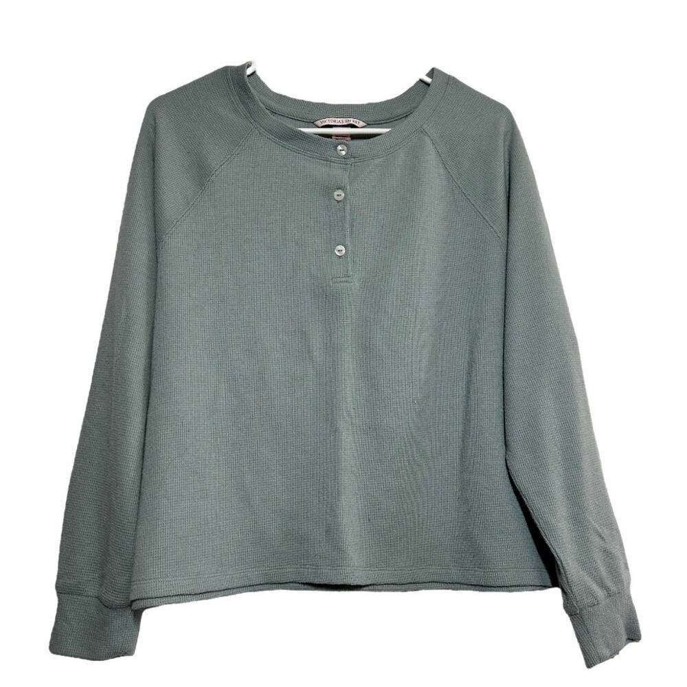 Victoria's Secret Pajama Top Henley Thermal Pullover Crewneck Green Small